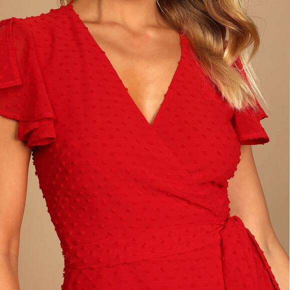 Lulus Much to Celebrate Red Swiss Dot Flutter Sleeve Wrap Mini Dress - Picture 2 of 14